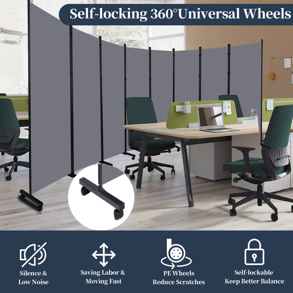 Folding Room Divider with Lockable Wheels - 176'' Privacy Screen Panel