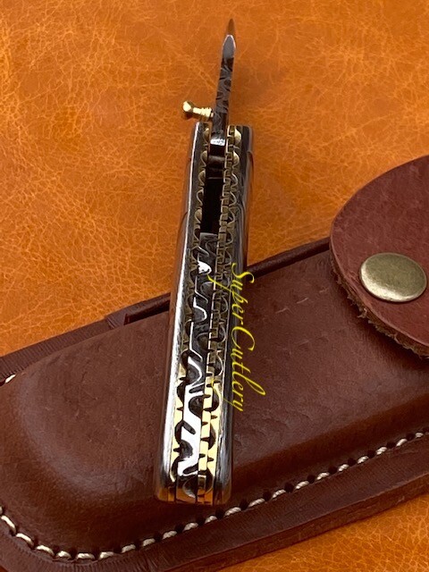 STUNNING SOLID FULL DAMASCUS STEEL ENGRAVED FOLDING KNIFE WITH BRASS FILE WORK