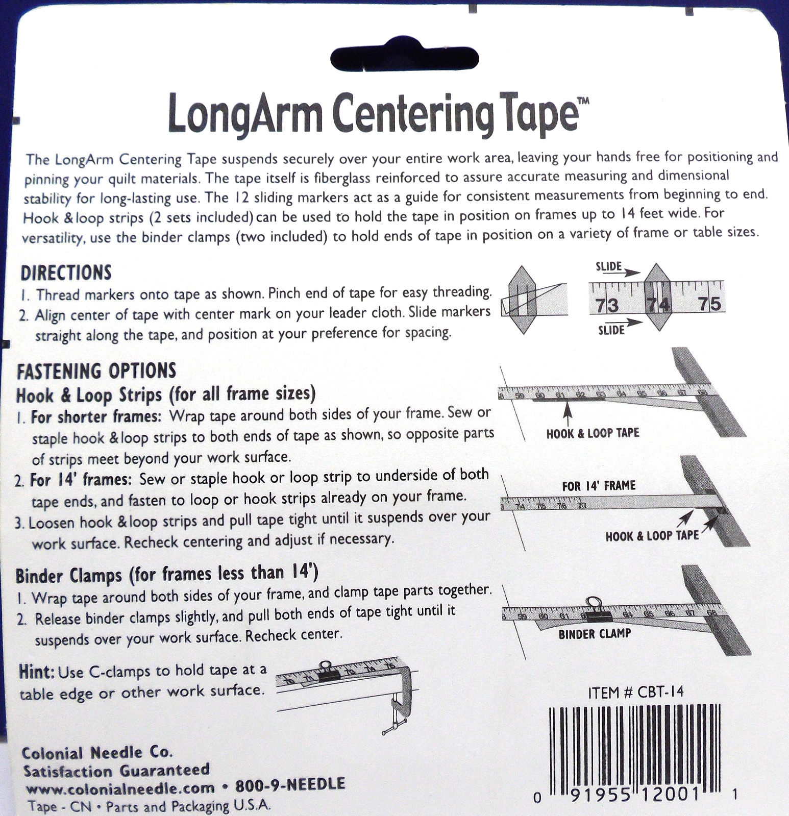 COLONIAL LongArm CENTERING Tape CBT-14 Markers, Hook & Loop Strips, Clamps 14'