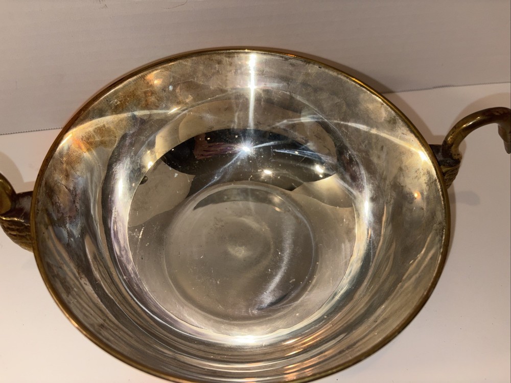 Antique Solid Brass Silverplate Large Bowl With Duck Handles