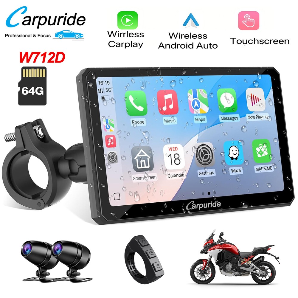 Carpuride W712D Carplay Android Auto Wired Controlle Waterproof Touchscreen GPS