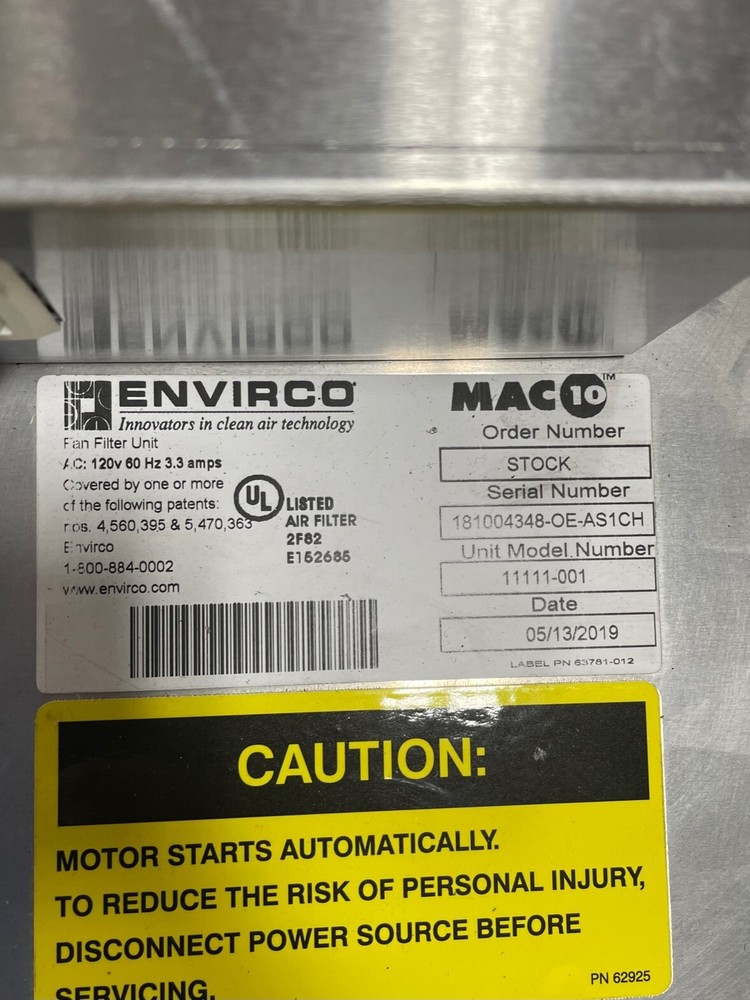 ENVIRCO CORP MAC10 FAN FILTER CEILING UNIT 2FT x 4FT 11111-001