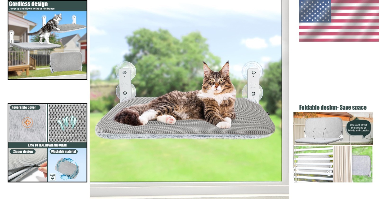 Foldable Cat Window Hammock Perch - Cordless Lounger for Indoor Cats, M Size