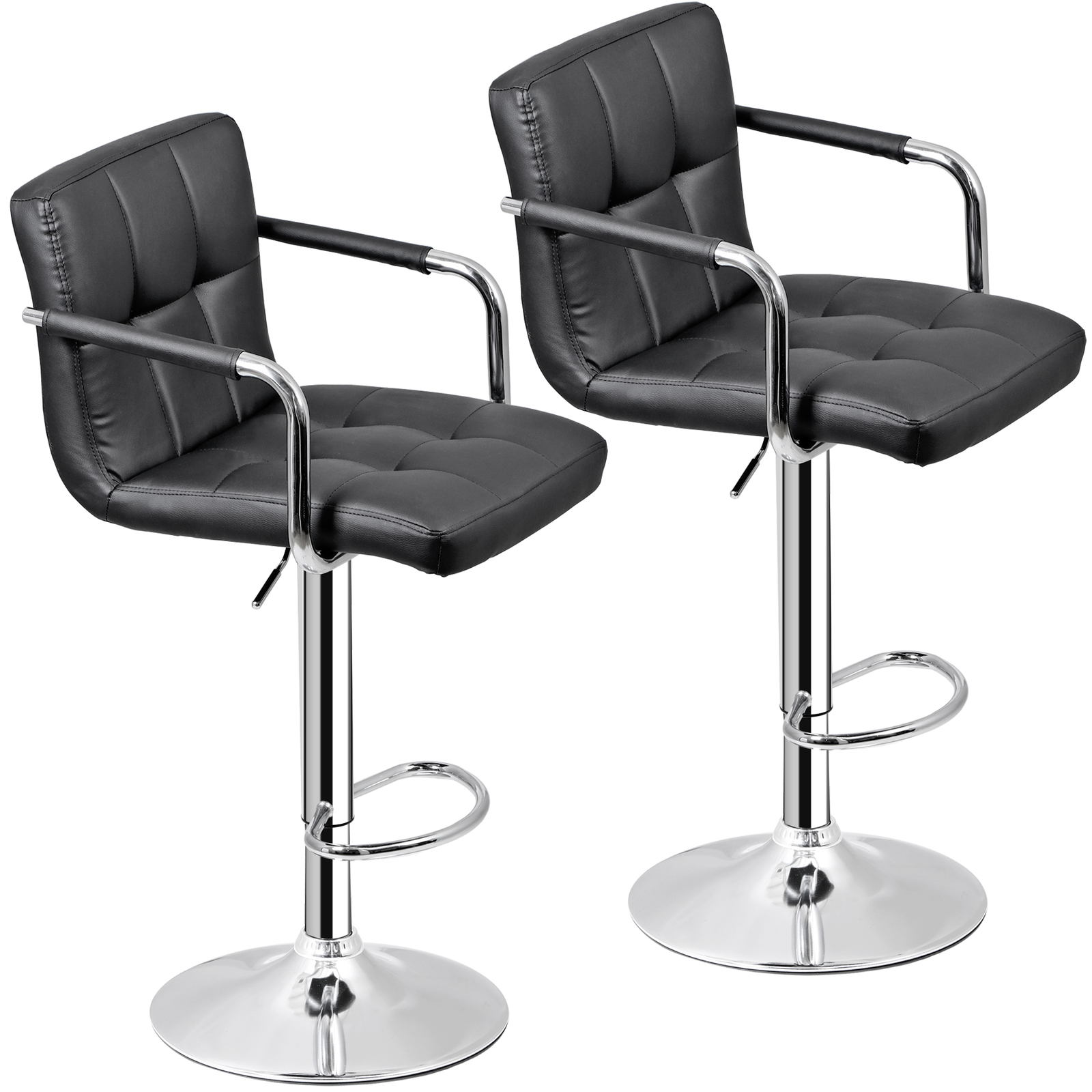 Modern PU Leather Bar Stools Set of 2 Adjustable Swivel Barstools w/ Back & Arms