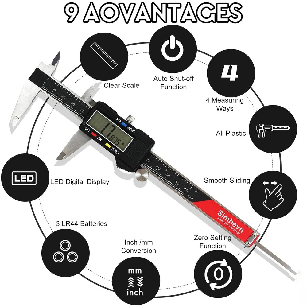 Versatile 6inch Digital Caliper with Large LCD, Easy Inch/MM Switching Options
