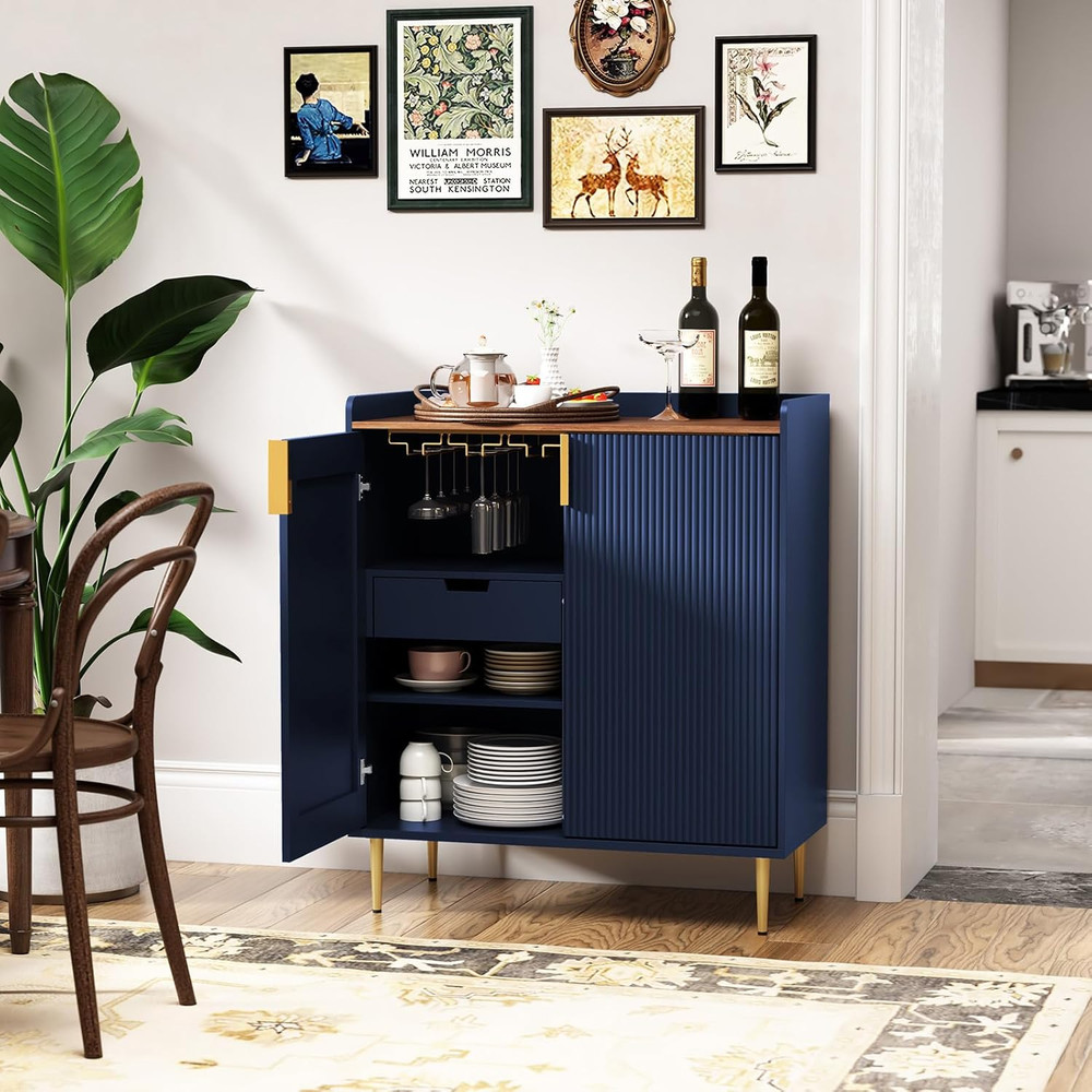 Modern Blue Sideboard Buffet Cabinet with Wine Rack & Drawers