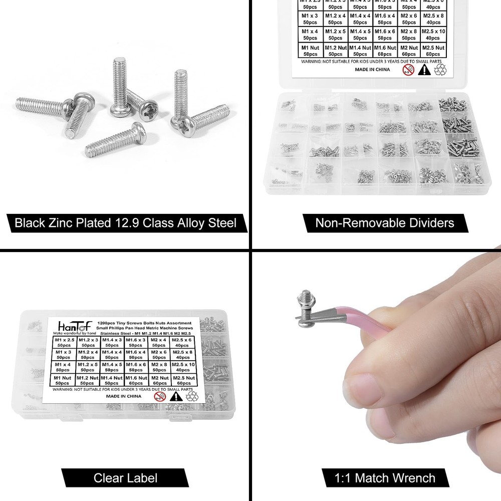 1200pcs Metric Tiny/Very Small/Micro Machine Screw Nuts Assortment Kit, 304 S...