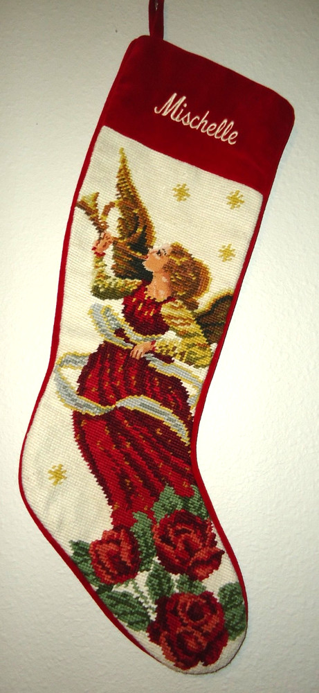 Needlepoint Xmas Stocking Monogram "MIshelle " Size-22 in