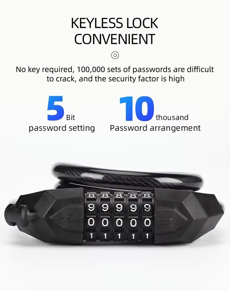 Bike Cable Anti-Theft Lock 1200mm 5 Digit Resettable Code Secure Lock Black