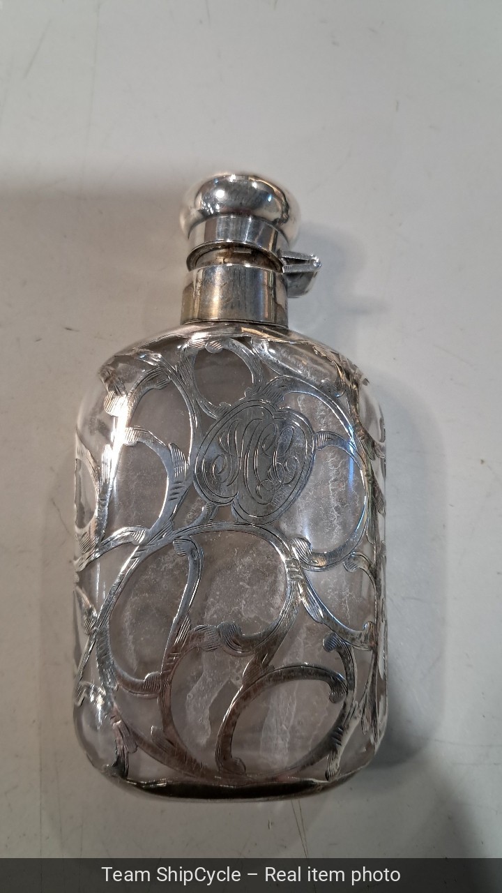 U23143 ANTIQUE Overlay STERLING Small FLASK With Engraved Initials G2U
