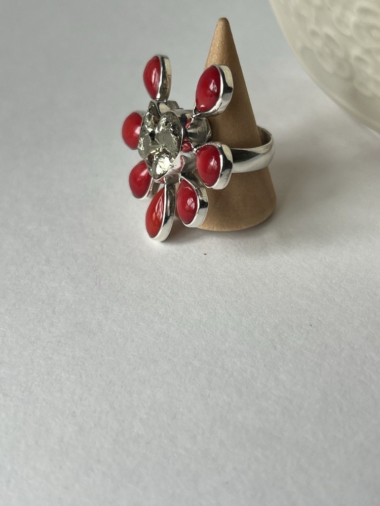 Pyrite & Red Coral Ring 925 Sterling Silver Adjustable Artisan Statement
