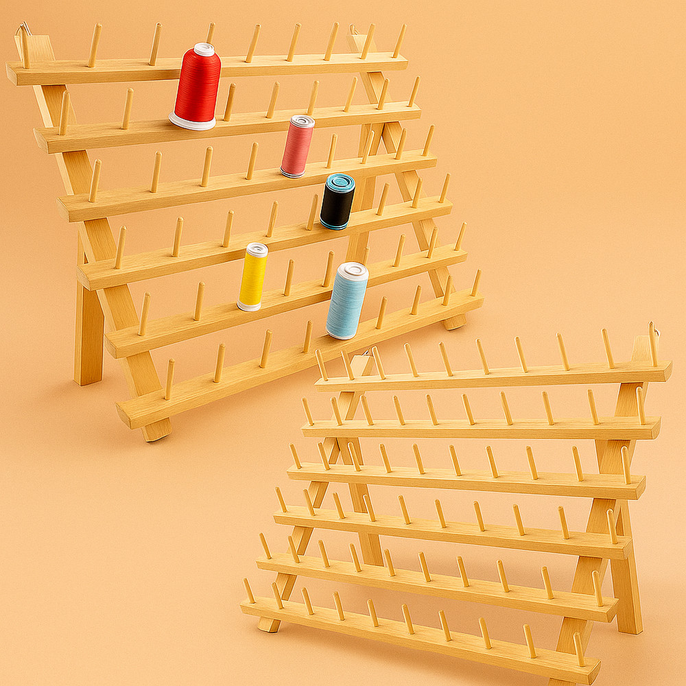 2×60 Spool Wooden Thread Rack Organizer with Hooks, Foldable Stand for Sewing