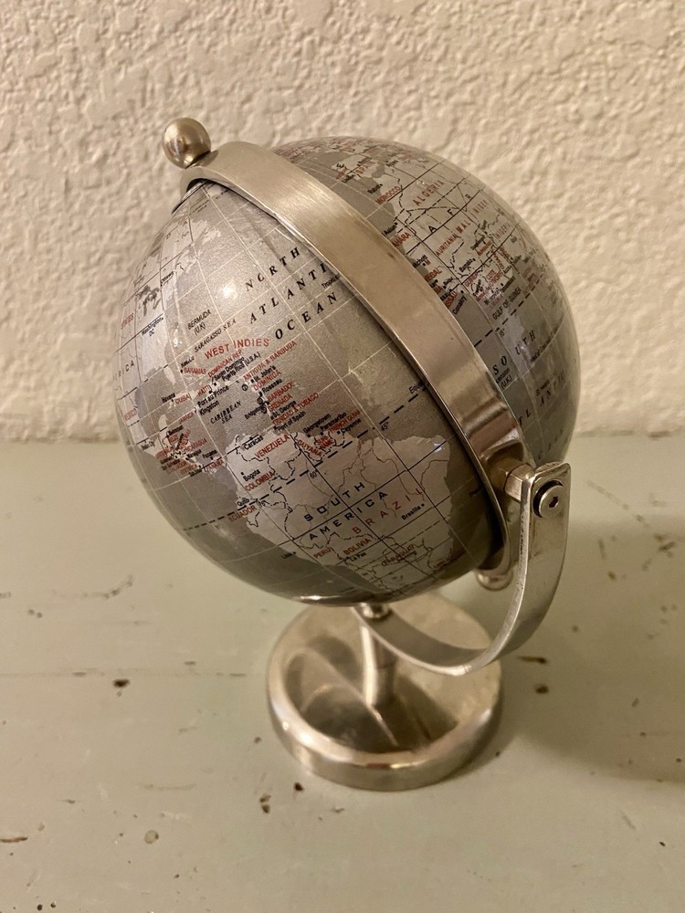 Metal Chrome World Globe Map Rotating Desktop Decor 8” Tall