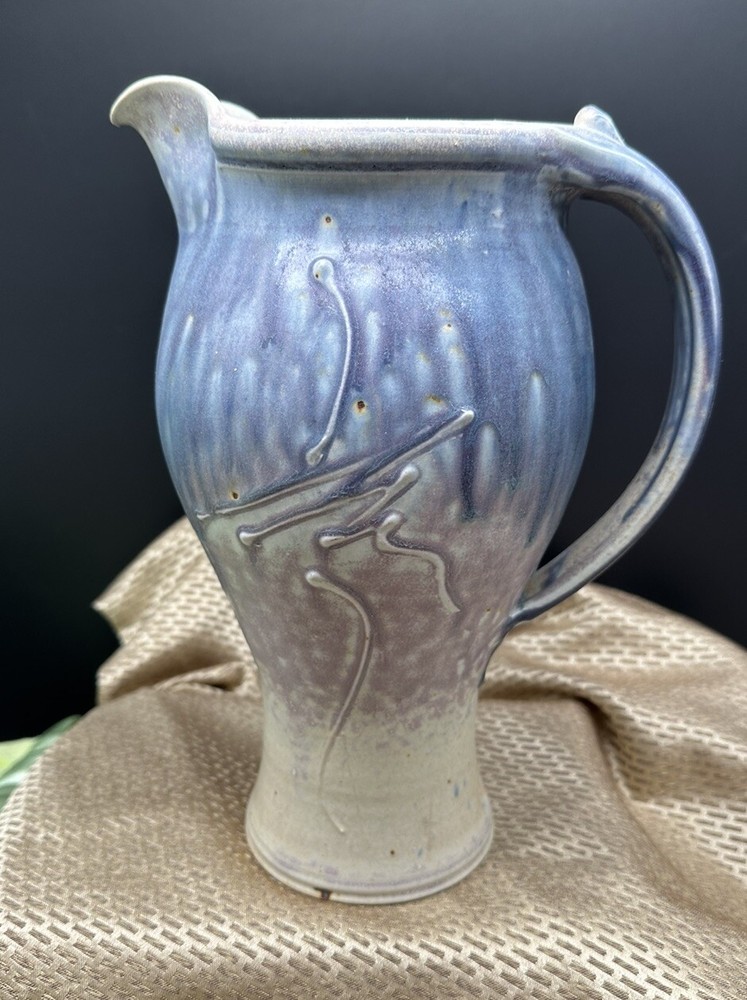Studio Art Pottery Kuch? Pitcher Beige Blue 9.5” Tall Speckled EUC