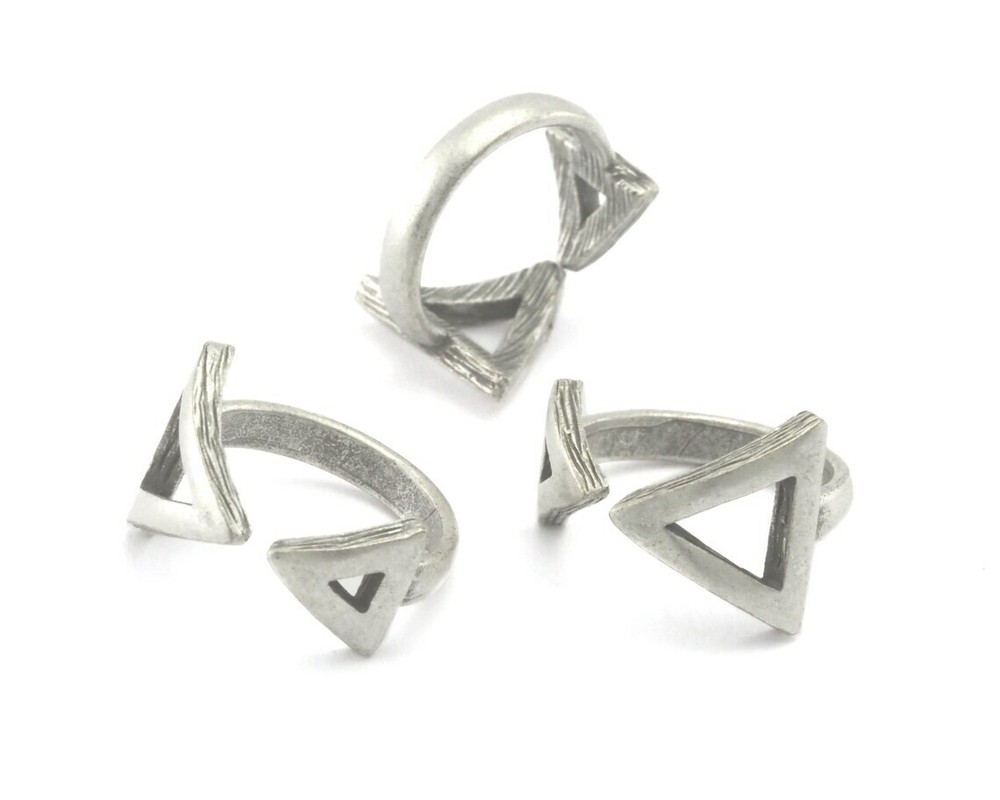 Brushed triangles frame band adjustable ring Antique silver brass 5-8US  4355