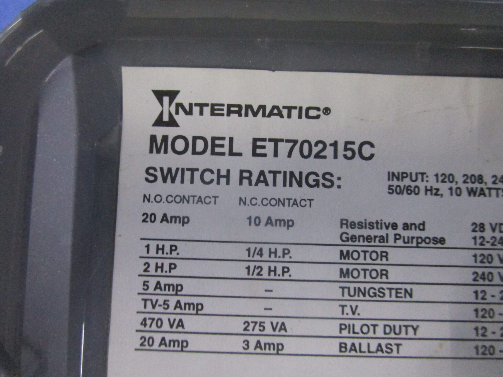 INTERMATIC 24-HOUR TIME SWITCH ET70215C 20A 120-208-240-277VAC INPUT 10WATTS 1 Y