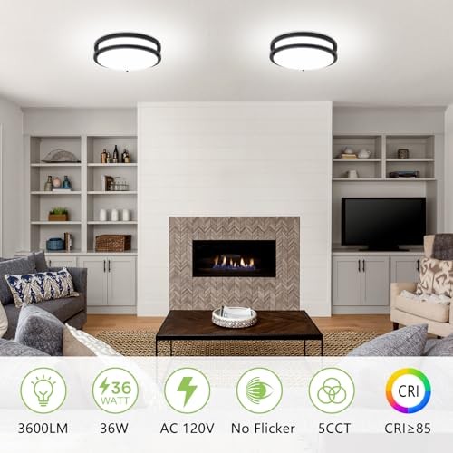 12 Inch Flush Mount Ceiling Light - 2 Pack 36W 12" 2 Pack Black (5CCT)