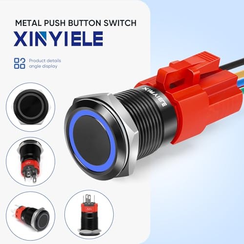 16MM Latching 12V Push Button Switch On Off,Waterproof Black Shell Blue LED