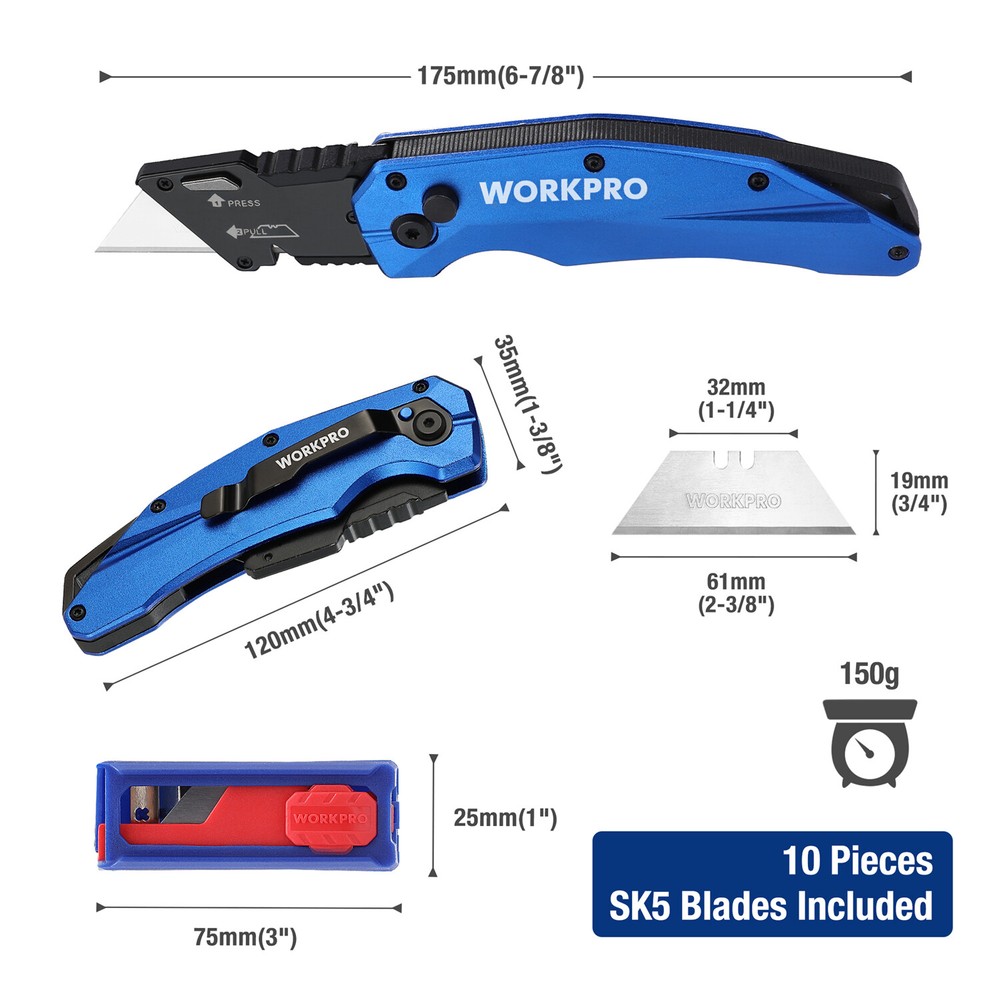 WORKPRO Folding Utility Knife Heavy Duty Quick Change Blade Razor Knife 10 Blade