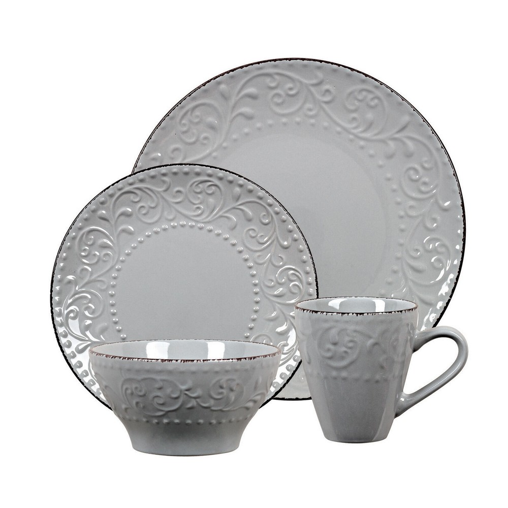 Elegant and Modern Stoneware Scroll Dinnerware Set for Parties - Gray, 16 Piece