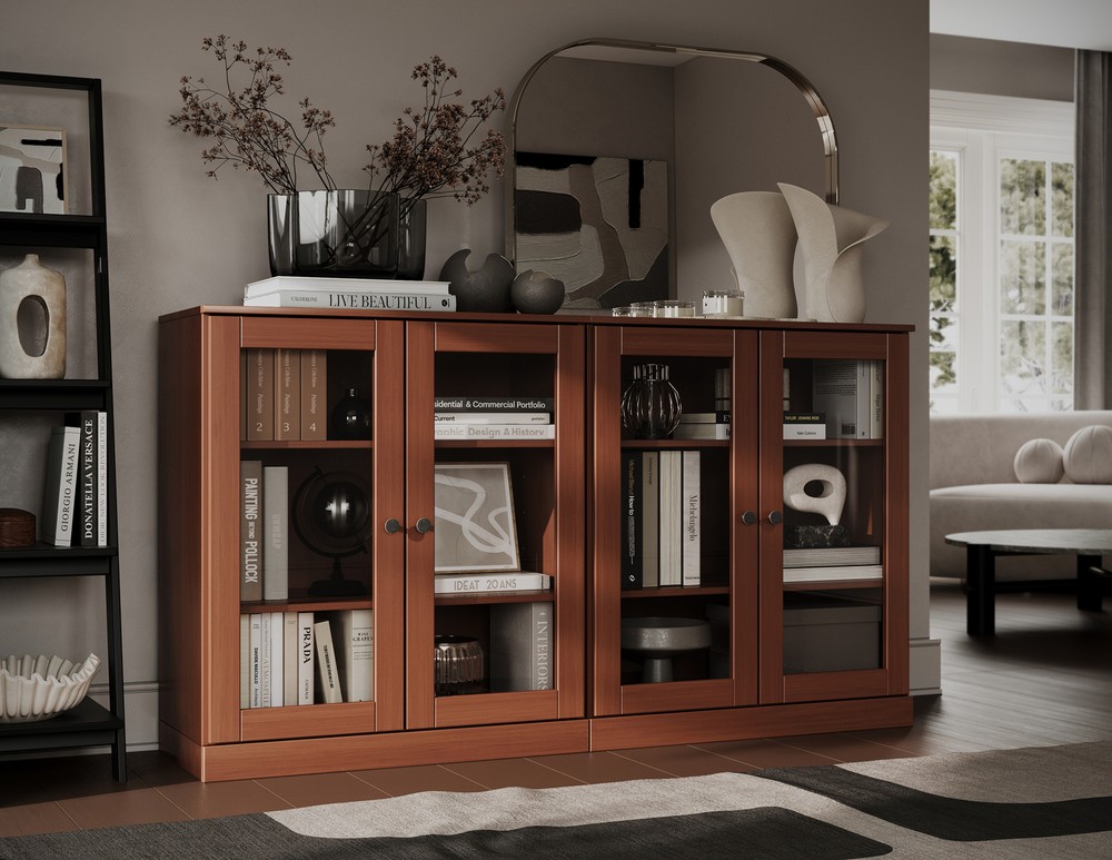 100% Solid Wood 64" Modular Sideboard, 2 Clear Glass Doors