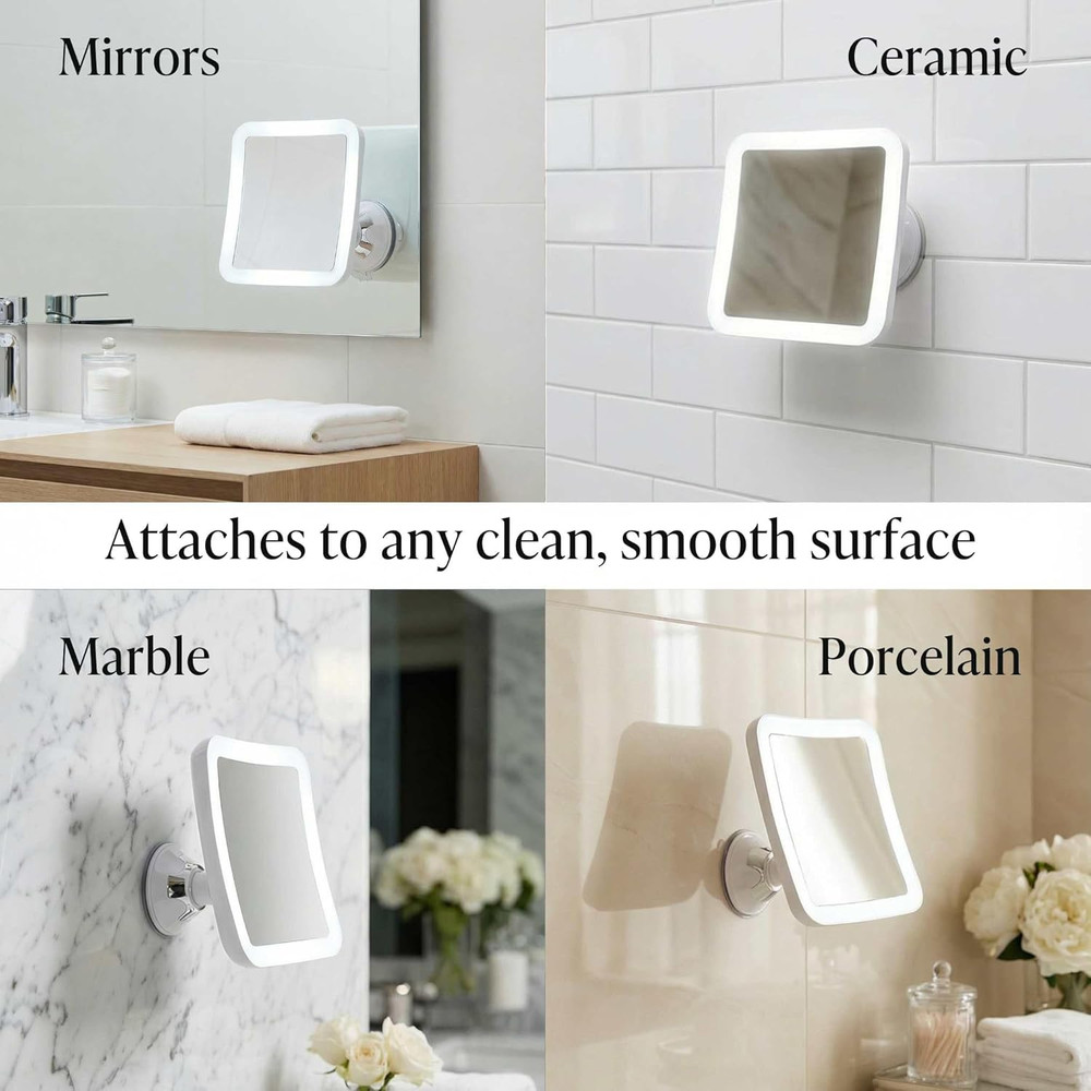 10X Lighted Makeup Mirror - Cordless, Suction, 360° Rotation, 6.5" Square