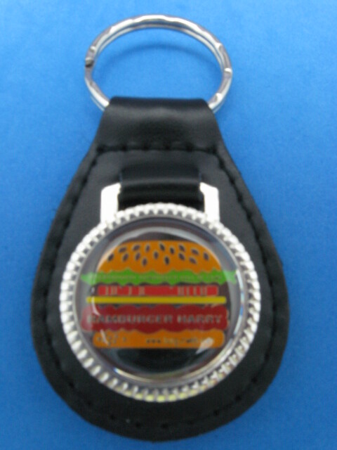 HAMBURGER CHEESEBURGER BLACK LEATHER KEYRING KEYFOB #167 SILVER