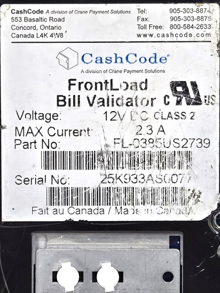 CASH CODE FRONT LOAD BILL VALIDATOR FL-0383US2704 HOUSING