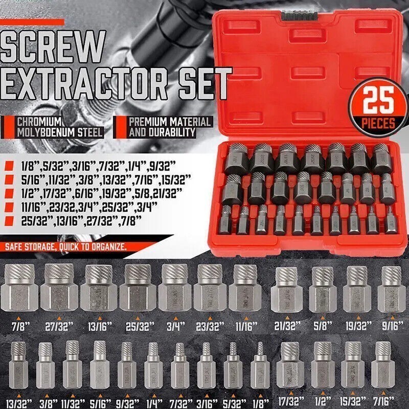 25 Pcs Multi-Spline Screw Extractor Set Hex Head Bit Socket Wrench Bolt Remover