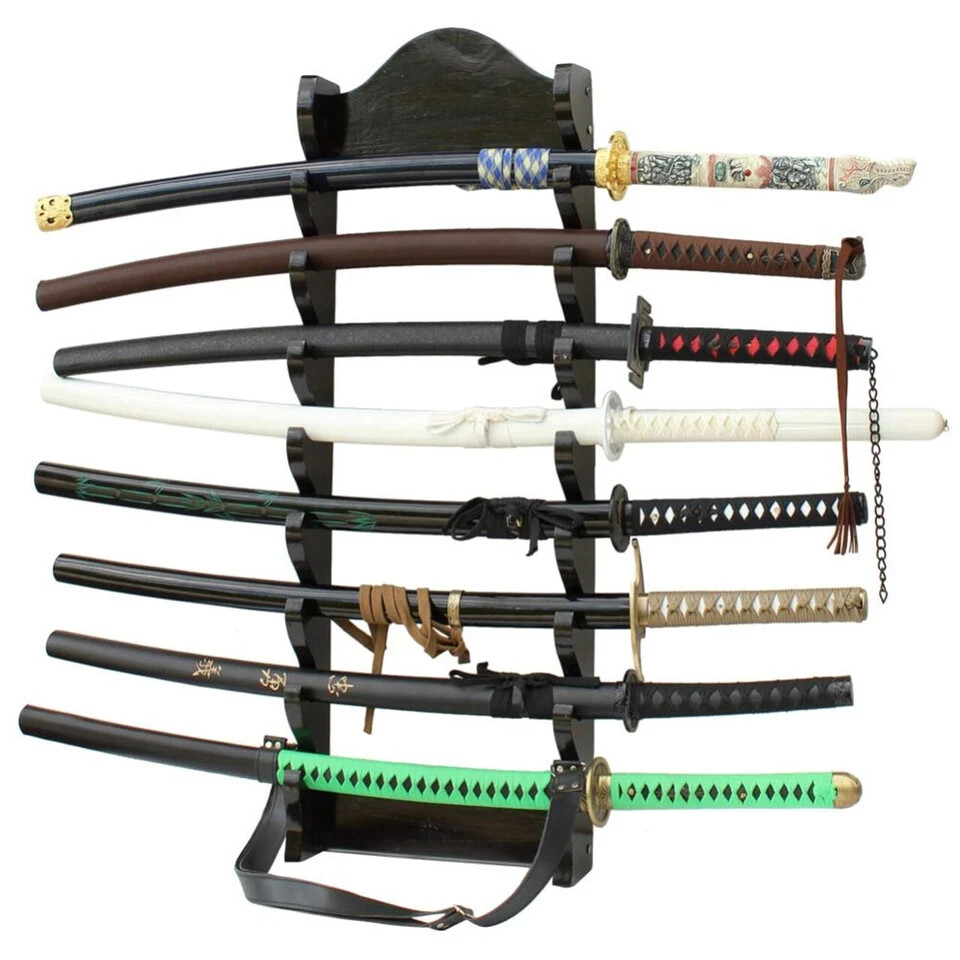 Premium Eight Tier Solid Wall Sword Display - Mango Wood Stand Overall 36"