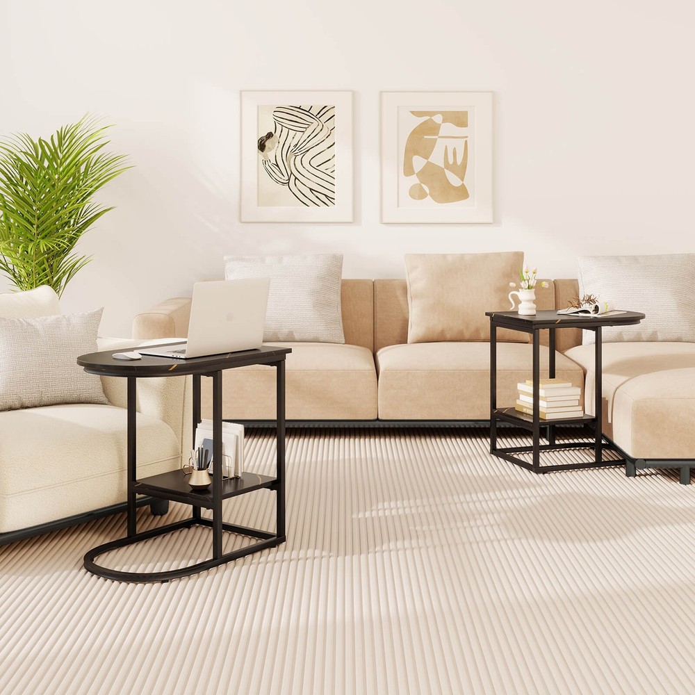 2PCS C-Shaped Side Table Compact 2-tier Storage End Table for Small Space Black