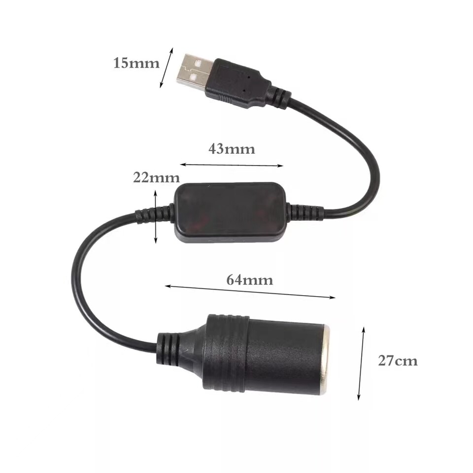 USB To 12V Car Cigarette Lighter Female Socket Converter Adapter Cable Connector