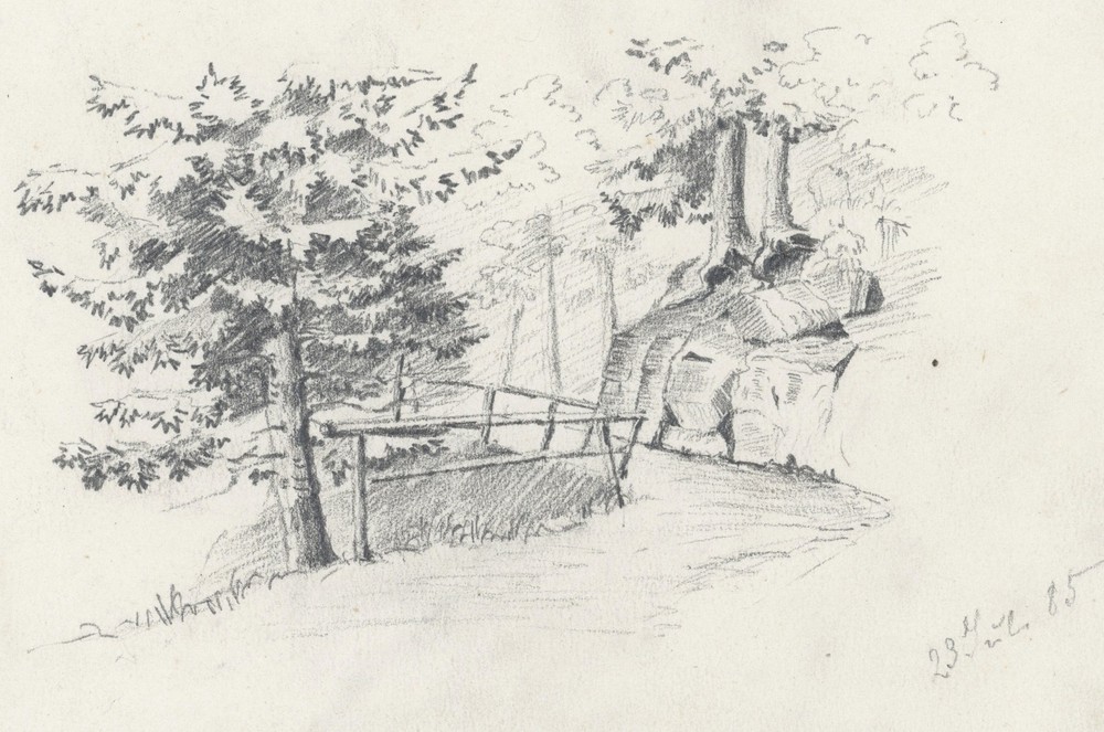 Forest Path Drawing 1885 Landscape Impressionism Pencil Original Unsigned