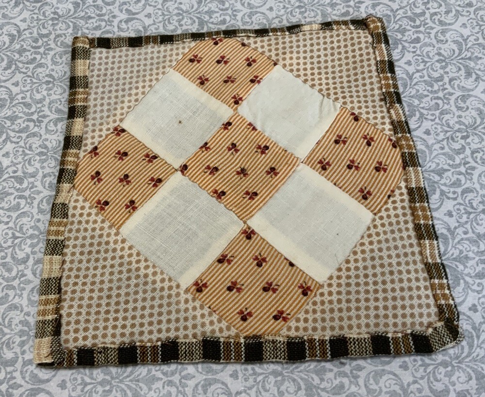 Antique Patchwork Quilt Table Topper, Mini, Nine Patch, Early Calico Prints