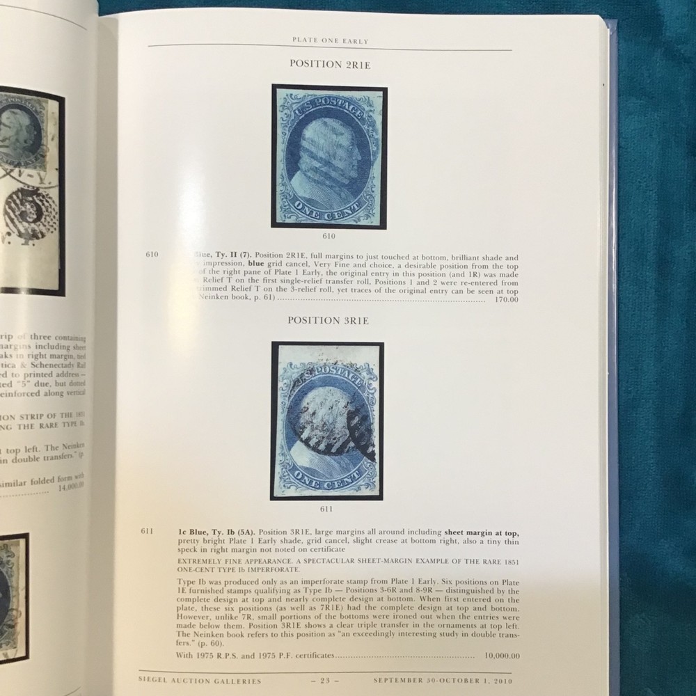 Siegel 994 Wagshaw Part 2 1851-1856 One Cent Imperforate Collection (2010)