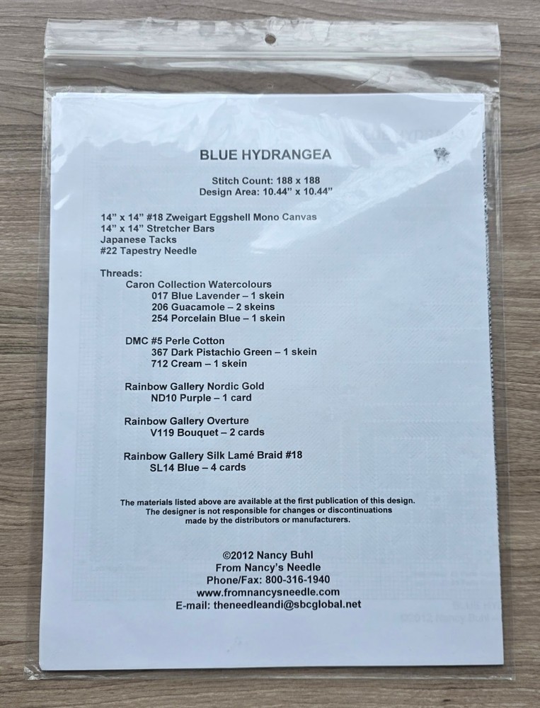 Nancy's Needle Needlepoint Pattern: BLUE HYDRANGEA CN45 Regional Quilt Series