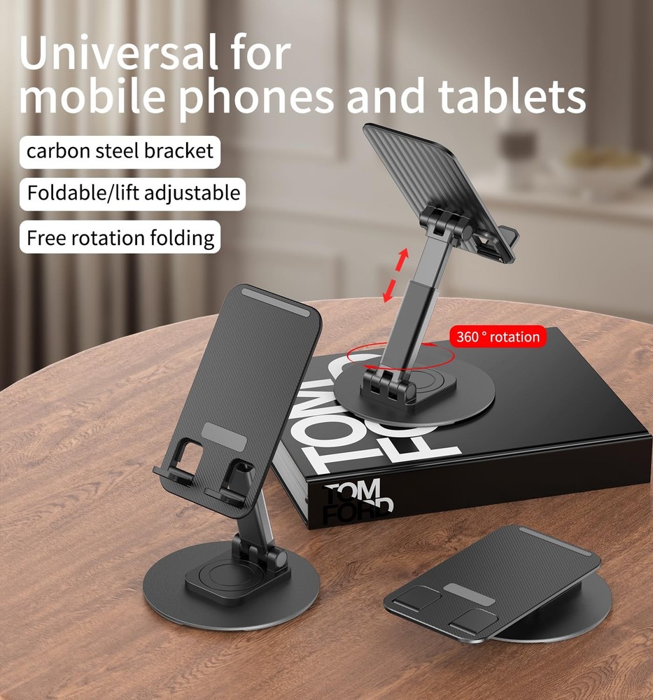 CXTX 360° Rotating Cell Phone Stand for Desk, Adjustable & Foldable black