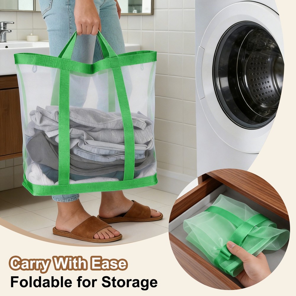 Collapsible Basket Mesh Hamper with Handles Foldable Bag Green Large