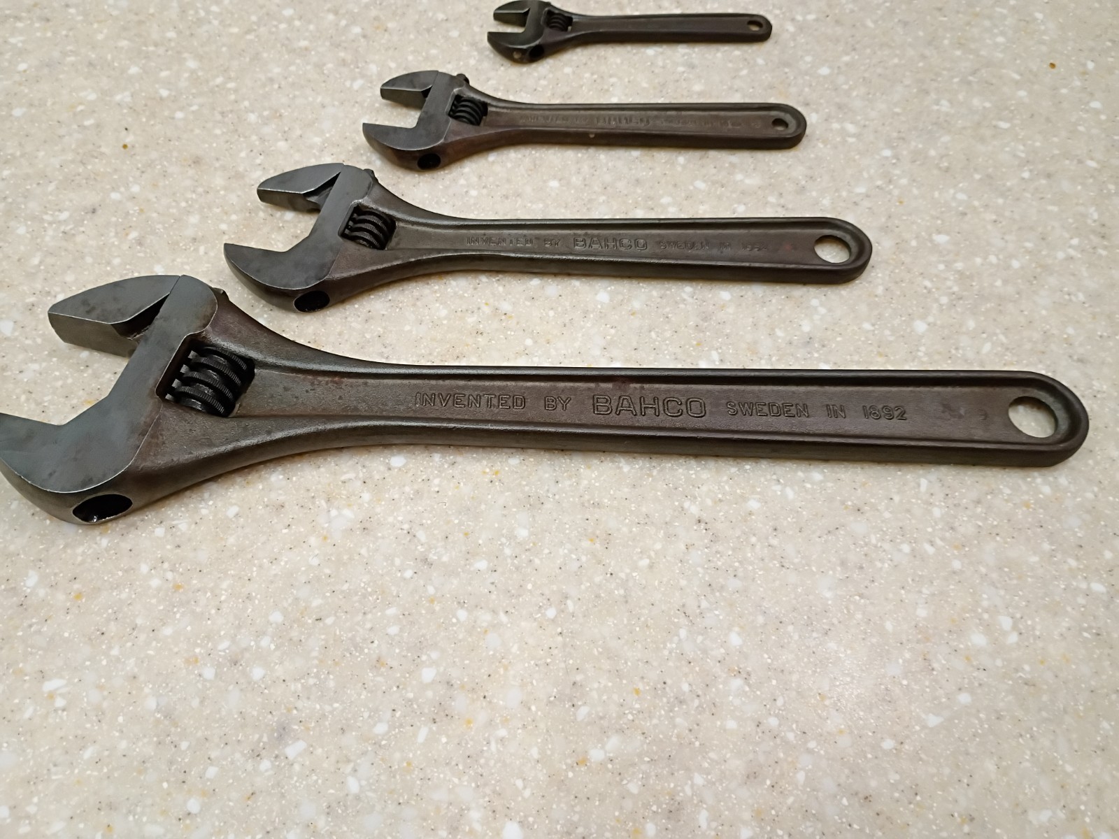 Vintage set of 4 Bahco Sweden Adjustable Wrenches spanner monkey 12" 8" 6" 4"