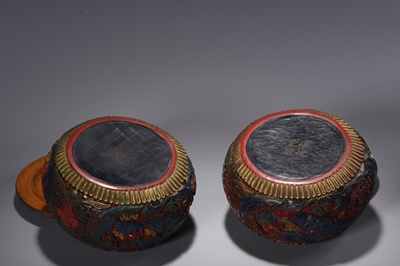 Old Dynasty Red Wood lacquerware Painting Carve tree house Jar Pot Crock pair