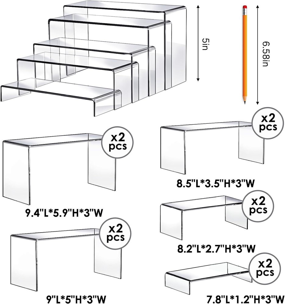 Fixwal 10pcs 2 Set Acrylic Risers for Display Clear Riser transparent