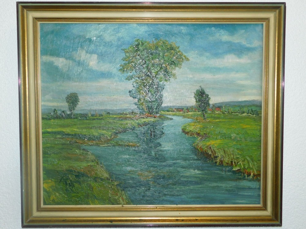 Impressionistische Landschaft mit Bach monogrammiert!