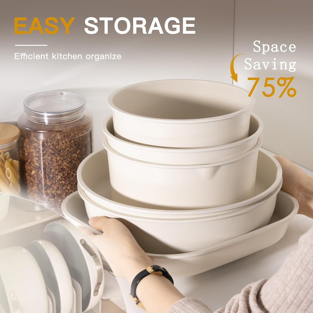 23 Pcs Pots and Pans Non Stick Ceramic Cookware Set Detachable Handle, Stackable