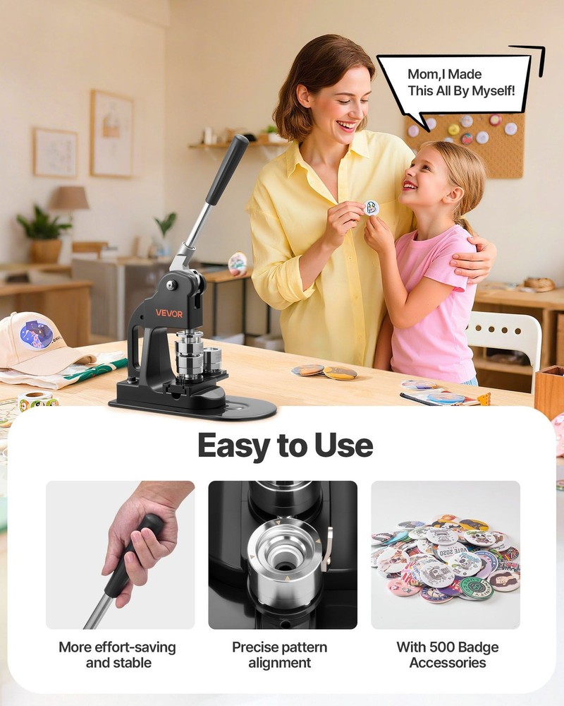 1-Inch Button Press Machine w/ 500 Button Kits, Ergo Handle, Black