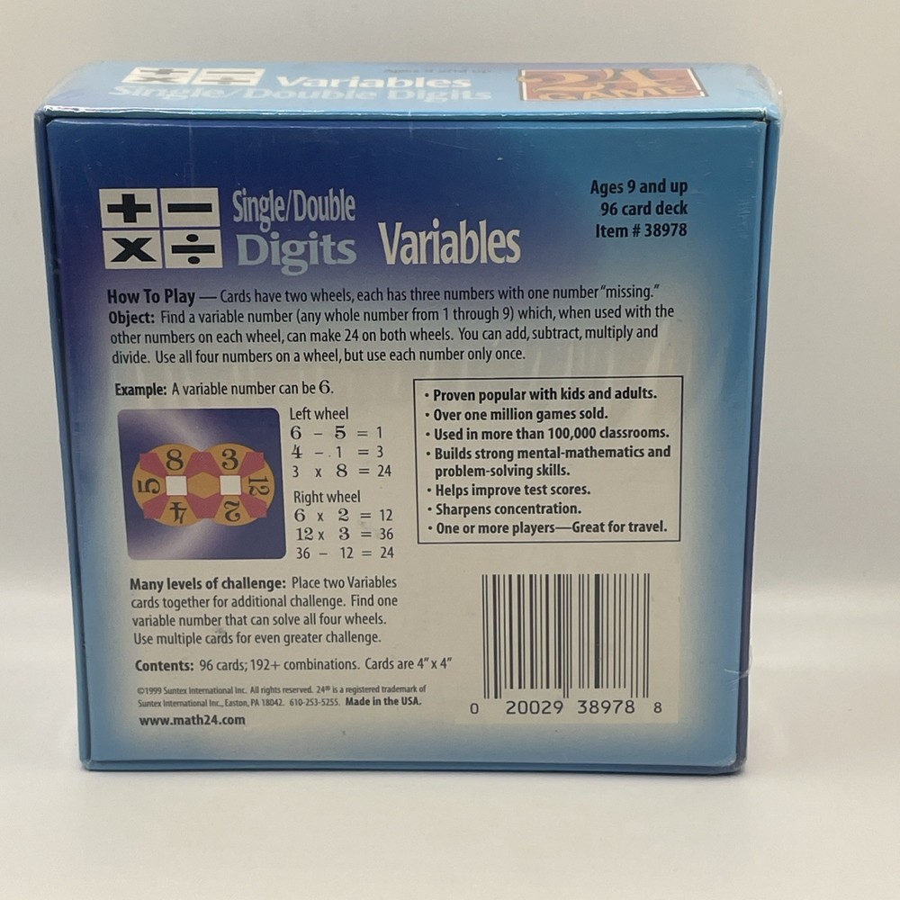 NEW 24 Game Variables Single/Double Digits Card Math Game 96 Cards