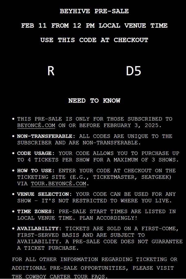 BEYONCÉ COWBOY CARTER BEYHIVE TOUR PRESALE CODE