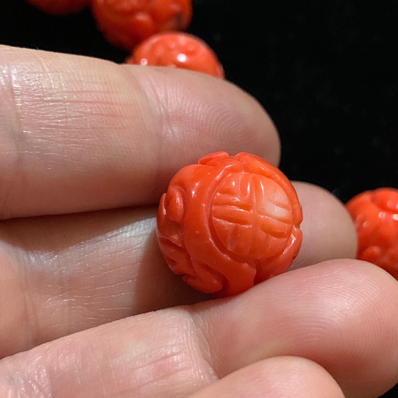 ONE Vintage Carved Chinese Bead Natural Coral Double Shou Round Detailed 15mm
