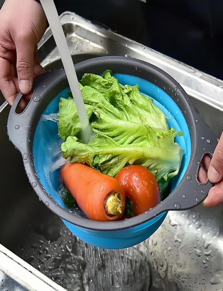 2 PCS Red Round Collapsible Silicone Kitchen Colander Plastic Handle Strainer