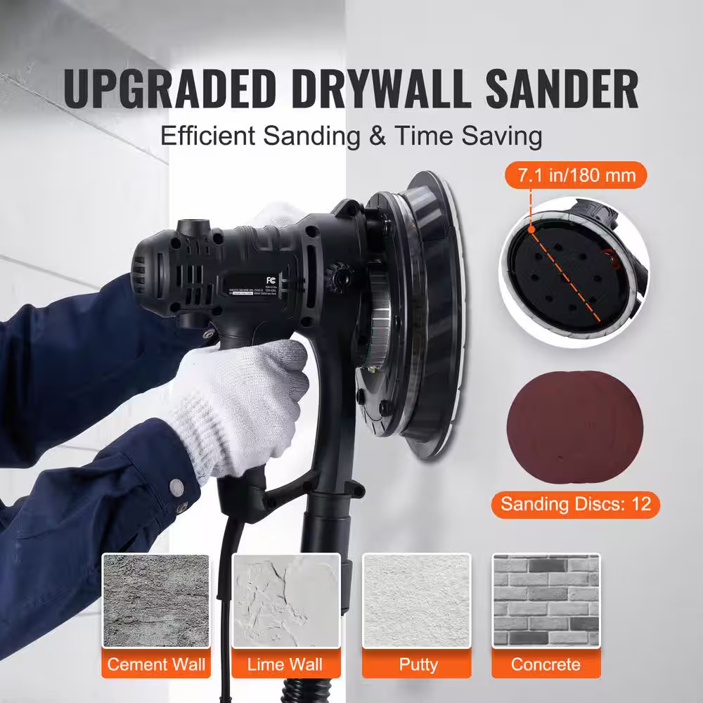 Drywall Sander 800W Electric Sander with 12 Sanding Discs, Variable Speed 1200-2