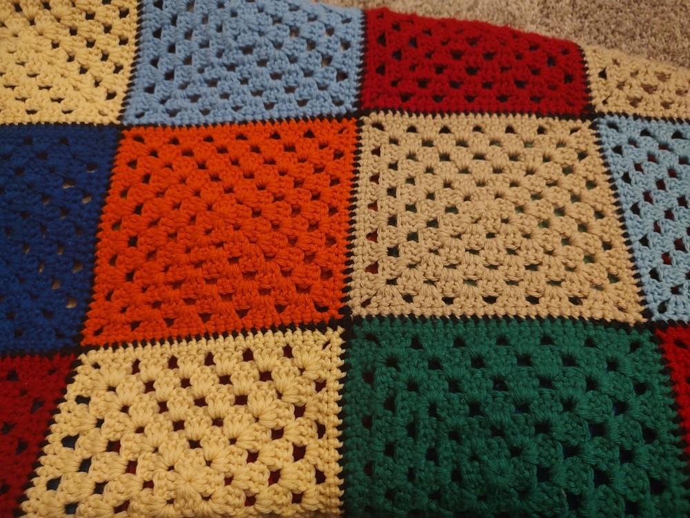 Large 70's Afghan, 90×66 Twin Bed Solid Color Square Patchwork High Quality Yarn